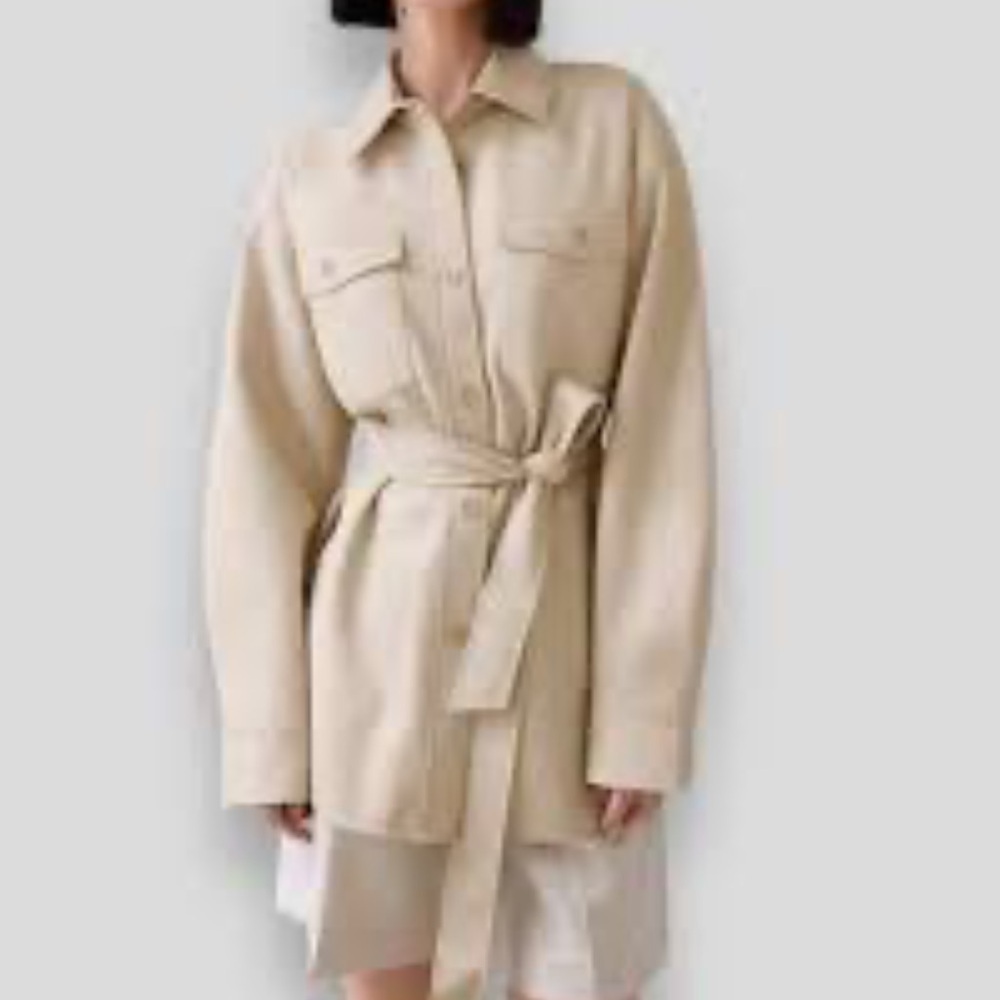 ADDITION ELLE faux leather button up shacket self tying belted jacket taupe 14
